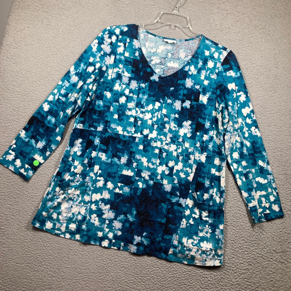 Pure Jill Tunic Top Women XL Blue Abstract Mosaic V-Neck Pockets Long Slv FLAW